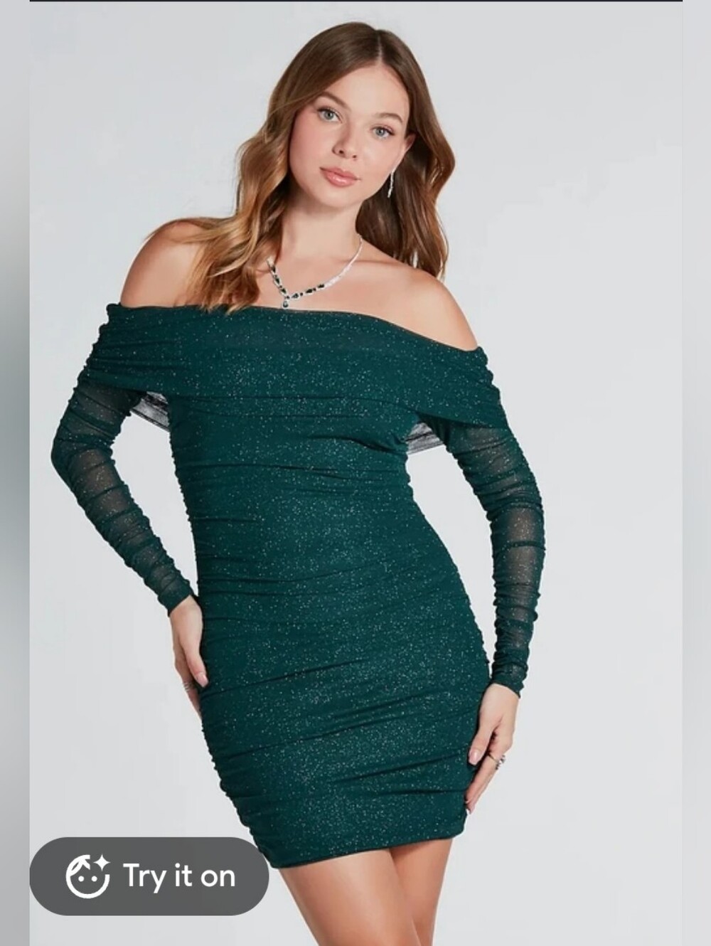 Windsor Designer Shimmer Nights Green Glitter Off-Shoulder Ruched Mini Dress M